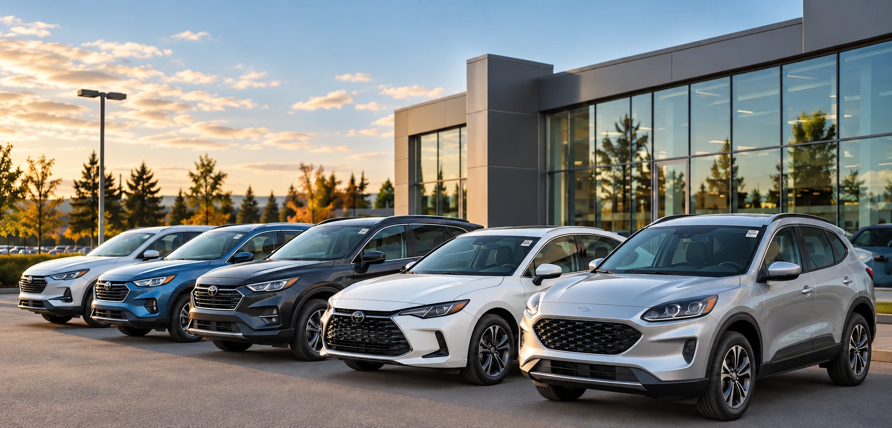 Illustrative dealership lot showing landscape QR labels in vehicle windshields