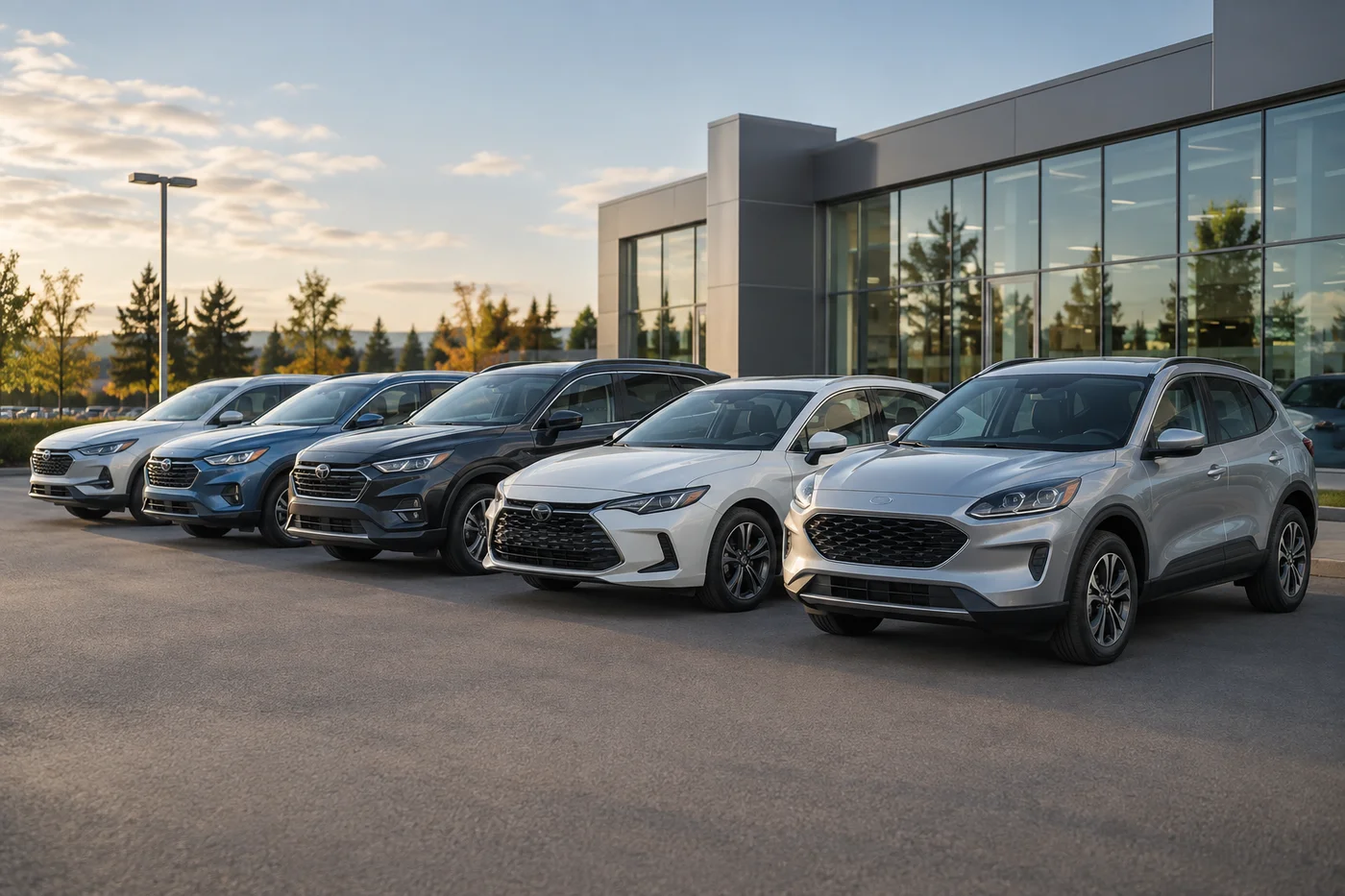 Illustrative dealership lot with a row of cars