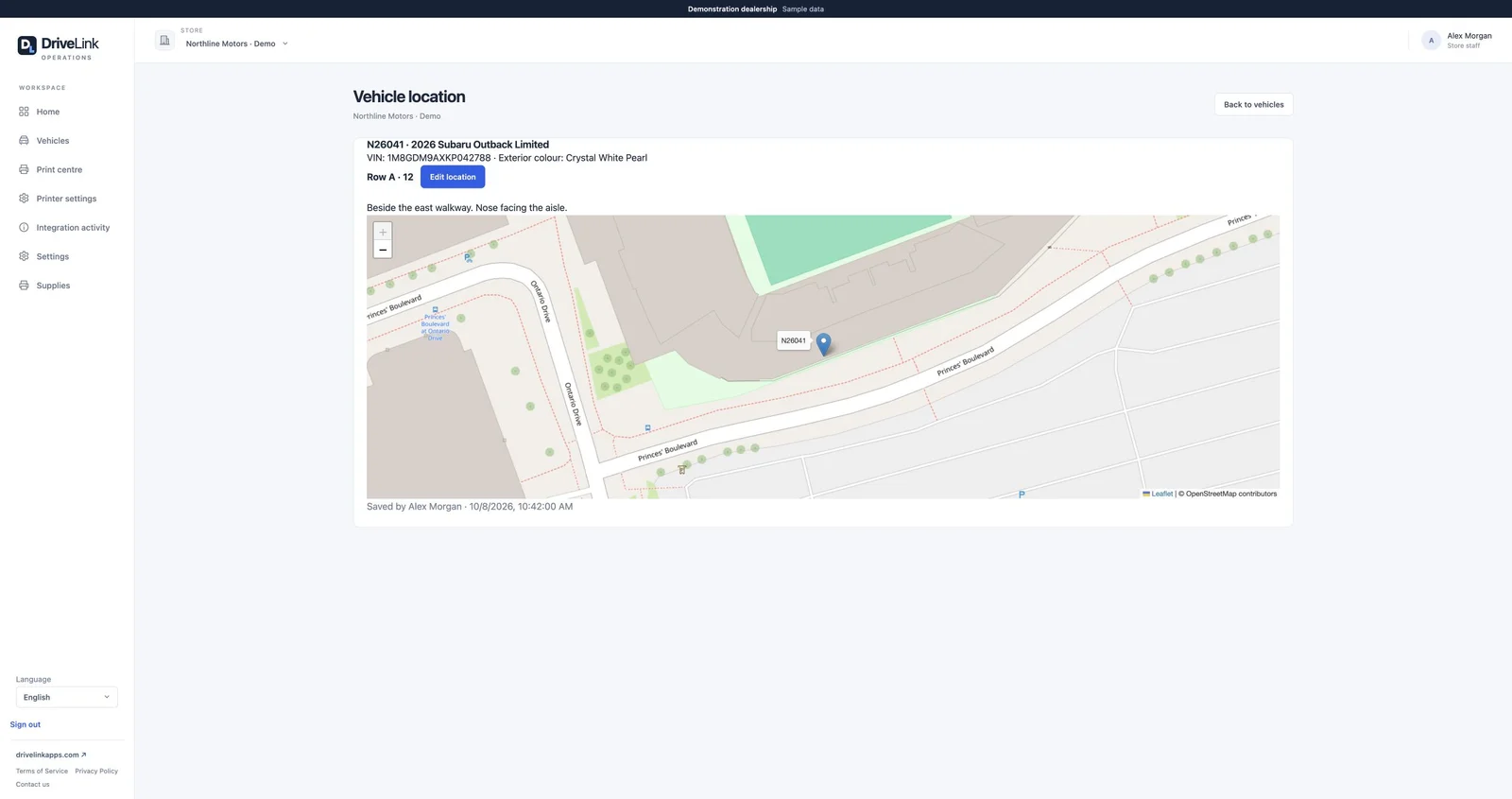 Vehicle location in Operations with a saved map pin, Row A and staff note