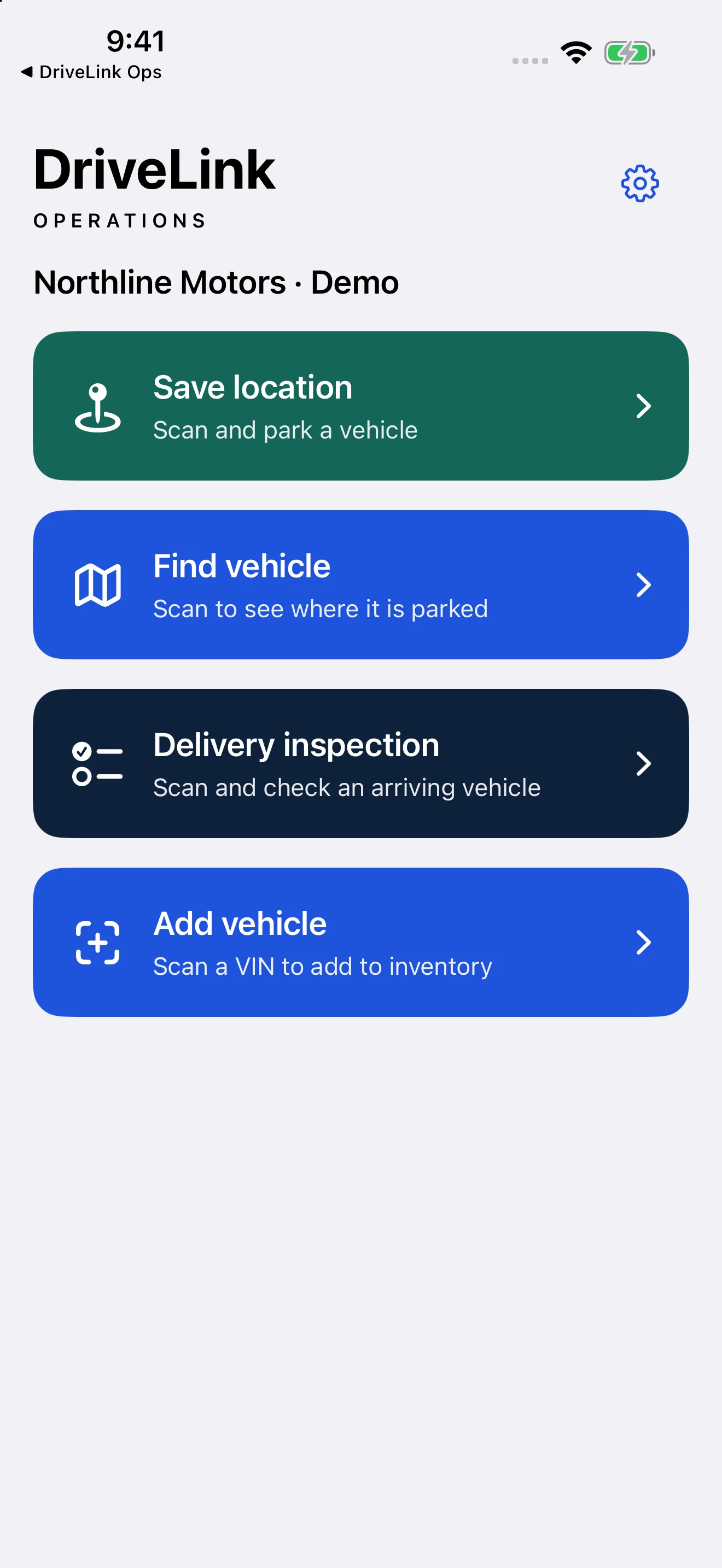 DriveLink Ops mobile home with save location, find vehicle, delivery inspection and add vehicle actions