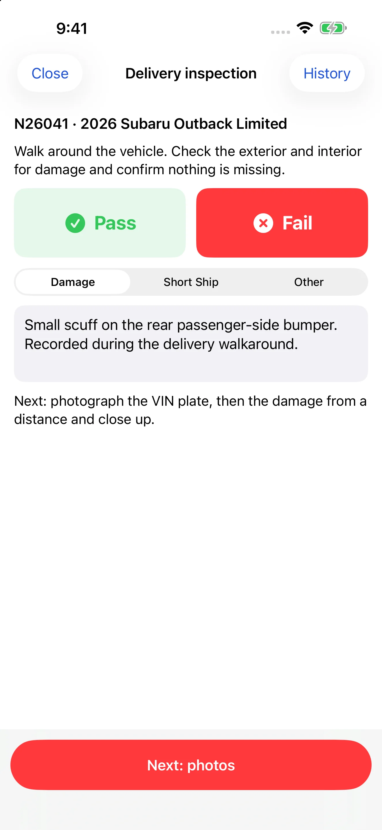 Optional mobile delivery inspection showing a fail result and sample damage description