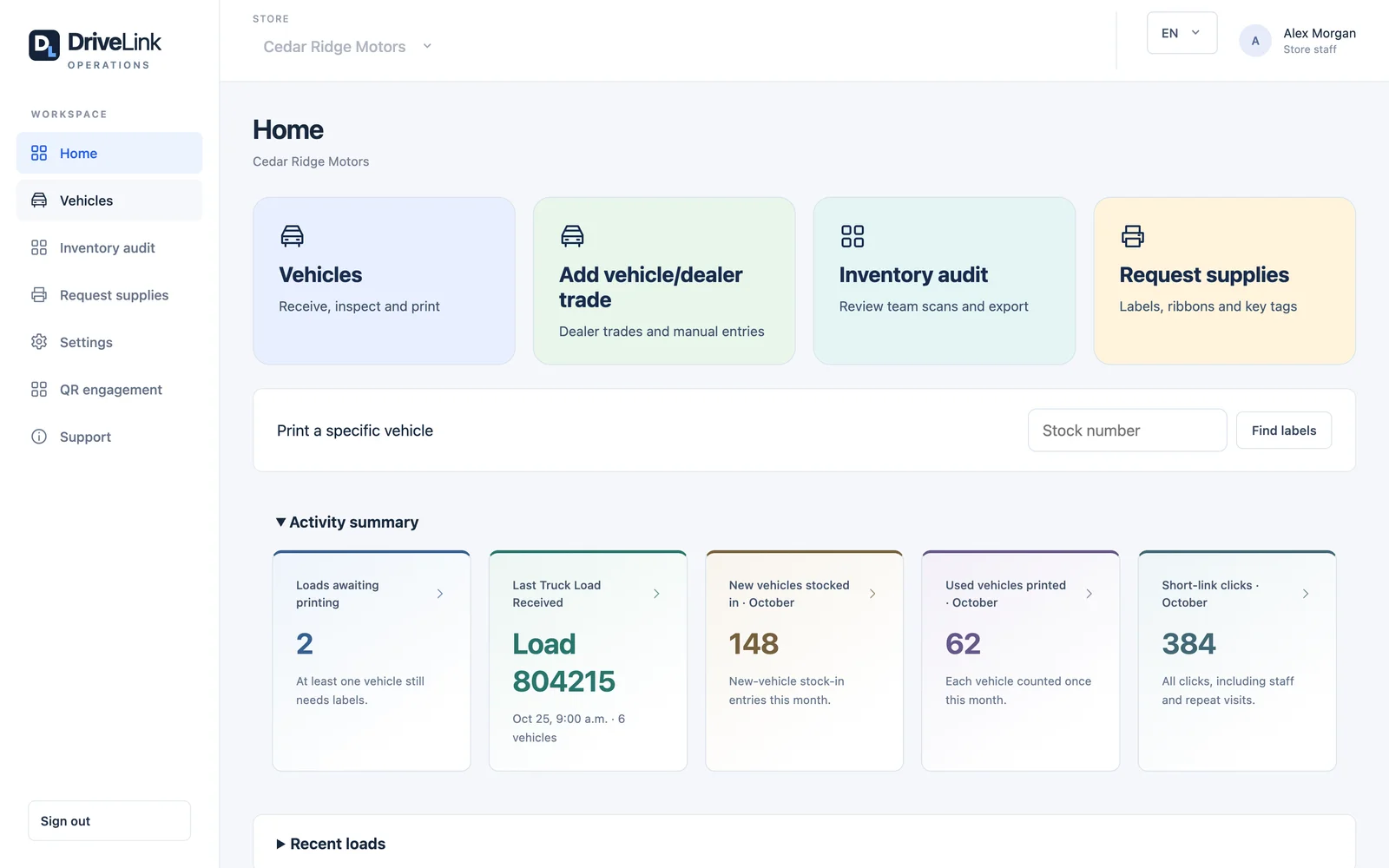 DriveLink Operations dashboard with sample vehicle and printing activity